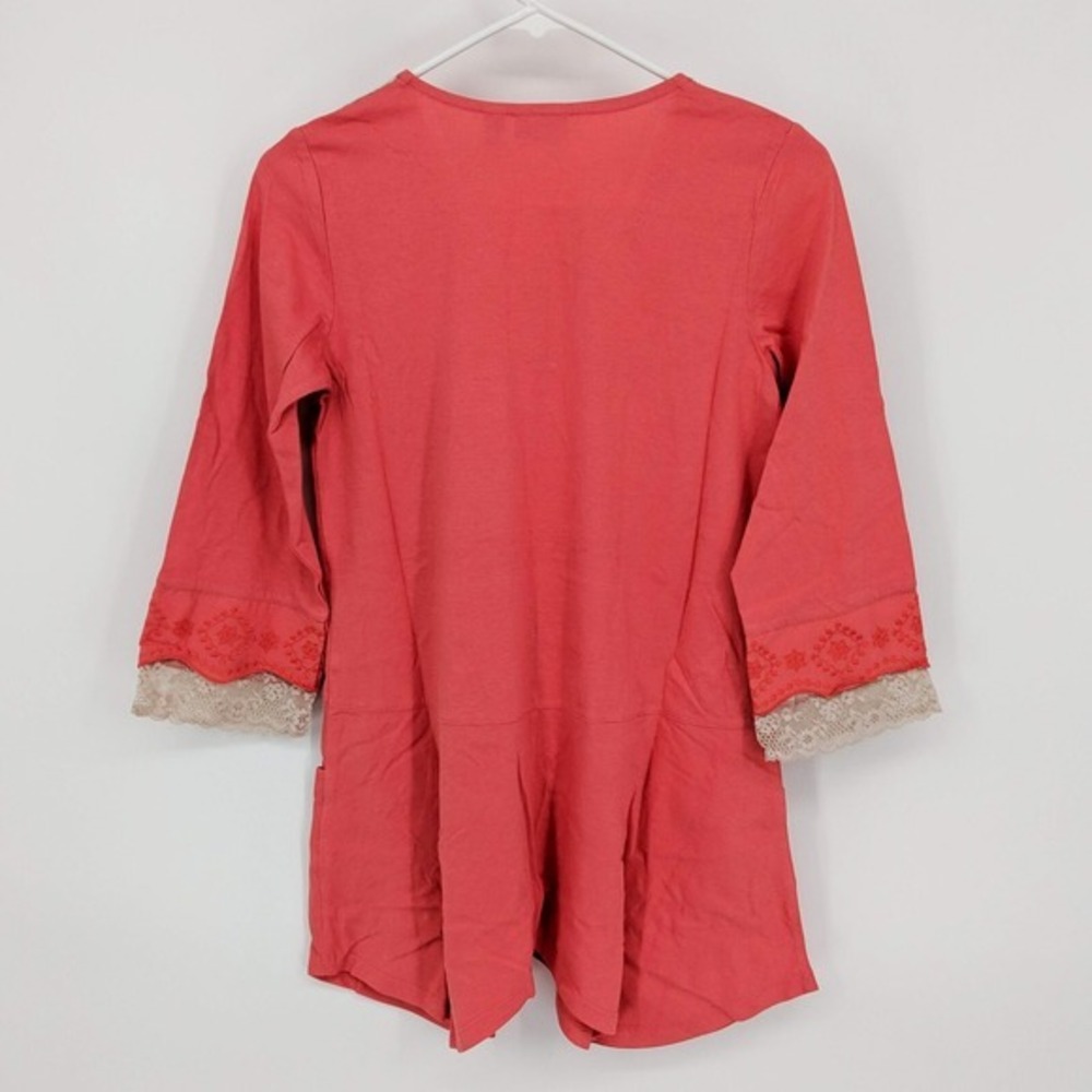 LOGO by Lori Goldstein Cotton Modal Cardigan w/ Lace Vibrant Coral Women's XXS - Picture 3 of 8